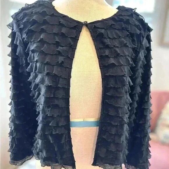 Vintage Ruffled Black Jacket, single button at closure. Halloween ready. - Picture 1 of 6
